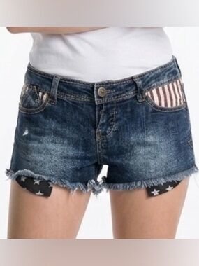 Hot Kiss Women's Distressed Denim Shorts with Star & Stripe Accents - Blue